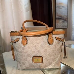 GUESS Beige Monogram Tote with Tan Trim